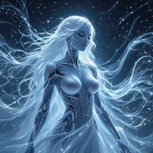 The image depicts a highly detailed, computer-generated, futuristic female figure set against a dark blue, starry background. The central figure is a cyborg-like woman with long, flowing white hair that appears to be made of light, extending in all directions. Her skin is a pale blue, and she has a distinctly mechanical appearance with intricate black circuitry and metallic elements visible on her arms, chest, and neck. She has large breasts and a slender waist, with a sheer, white skirt-like garment around her hips. Her eyes are closed, and her head is tilted slightly downward to the right, giving her a serene expression. The overall color palette of the image is dominated by shades of blue, black, and white, enhancing the ethereal and otherworldly atmosphere of the scene.