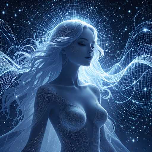 The image depicts a highly detailed, computer-generated portrayal of a woman set against a dark blue, starry background. The woman, who has long, flowing white hair that appears to be blowing in the wind, is positioned centrally with her head slightly tilted to the right and her eyes closed. Her skin is a light blue hue, and she has a serene expression with her lips slightly parted. She is adorned in a form-fitting, sparkly bodysuit that extends from her neck down to her waist, leaving her shoulders and arms exposed. The bodysuit features intricate patterns of dots and swirls, giving it a futuristic, almost ethereal appearance. Surrounding her head is a radiant halo of light, and emanating from her body are various white lines and grid-like patterns, adding to the mystical and otherworldly atmosphere of the image.