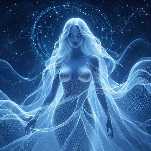 The image depicts a computer-generated, ethereal woman with long, flowing white hair that cascades down to her waist. She has a striking blue face and piercing blue eyes, and her skin is a light blue hue. The woman is adorned in a form-fitting, light blue dress that reveals her cleavage and extends into a flowing skirt. Her arms are outstretched, and she wears a delicate, gossamer-like veil that billows around her, adding to her otherworldly appearance. The background is a deep blue, resembling a starry night sky, with intricate patterns of light blue lines and circles that evoke the imagery of constellations or a cosmic grid. The overall scene is bathed in shades of blue, giving it a mystical and dreamlike quality.