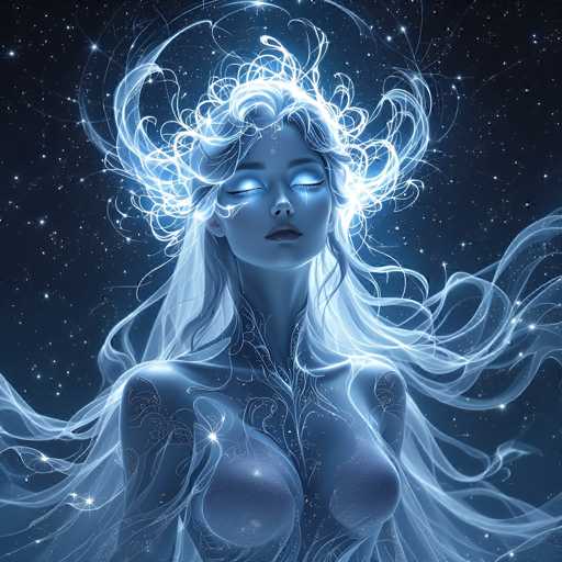 The image depicts a striking, ethereal woman set against a dark blue, starry background. Her skin is a light blue, and her eyes are closed, emitting a bright white light. She has long, flowing hair that appears to be made of stardust, with wispy strands and intricate patterns resembling constellations. Her hair is a mix of white and blue, with some strands appearing to glow and others blending into the starry sky. The woman's face is serene, with her head tilted slightly back, and her lips are slightly parted. She has a high, pointed collar that extends up to her neck, adorned with intricate white designs. Her body is also light blue, with a pattern that resembles a dress or armor, and her chest is visible. The overall effect is one of otherworldly beauty and tranquility.