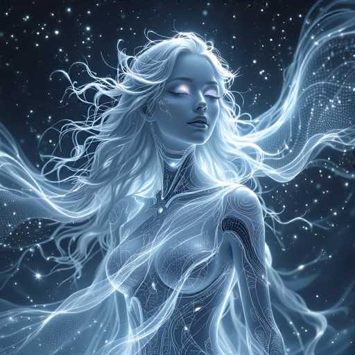 This image portrays a highly detailed, computer-generated depiction of a female figure set against a dark blue, starry background. The woman, who has long, flowing white hair that appears to be caught in a gentle breeze, has her eyes closed and her head slightly tilted to the right. Her skin is a light blue hue, and her face is adorned with purple eyeshadow and white highlights on her eyelids. She has long, dark eyelashes and a faint smile on her lips. 

Her neck is slender and appears to be made of a metallic or robotic material, with intricate white lines running through it. A glowing white dot is positioned at the center of her neck. The upper part of her body, including her chest and arms, is also covered in a similar metallic material, with white lines and glowing dots scattered throughout. Her chest is exposed, and her arms are adorned with swirling patterns and white lines. 

The background is filled with numerous white dots resembling stars, enhancing the ethereal and otherworldly atmosphere of the image. The overall color palette is dominated by shades of blue, white, and black, contributing to the mystical and futuristic aesthetic of the scene.