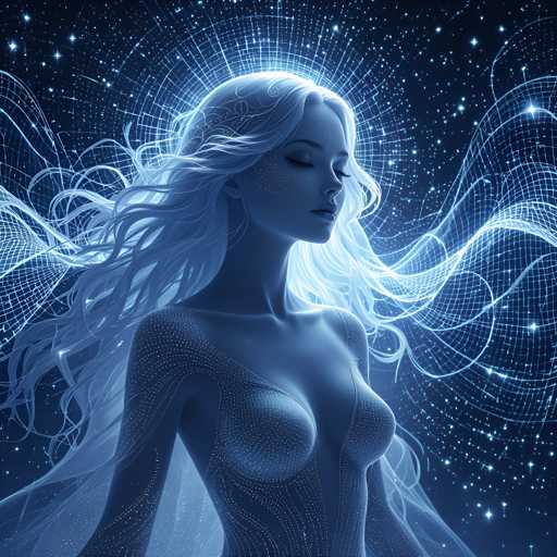 The image depicts a woman with long blonde hair and blue eyes gazing upwards towards the sky. The background is filled with stars and lines of code, creating an otherworldly atmosphere.