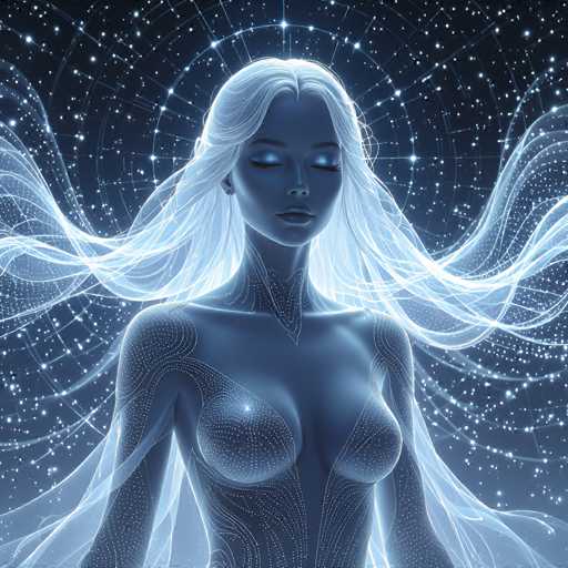 The image depicts a highly detailed, computer-generated portrayal of a woman with a distinctly otherworldly appearance. She has long, flowing white hair that seems to be made of light, cascading down her back and shoulders. Her skin is a striking blue, and her eyes are closed, emitting a soft, glowing blue light. Her lips are also blue, adding to her ethereal look. The woman's body is adorned with intricate patterns of white dots and lines, resembling circuitry or a network of lights, which extend from her neck down to her chest and arms. She appears topless, with her breasts covered by the same luminous patterns. The background is a deep, dark blue, reminiscent of a starry night sky, filled with numerous white dots that resemble stars. Surrounding her head are concentric circles of light, enhancing the celestial and mystical aura of the scene. The overall effect is a mesmerizing blend of human and digital artistry, evoking a sense of cosmic beauty and technological wonder.