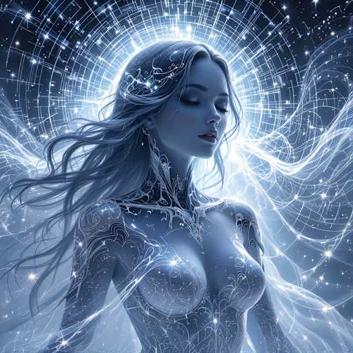 The image depicts a highly detailed, computer-generated, futuristic female figure set against a dark blue, starry background. The woman, who appears to be a blend of human and robotic elements, has long, flowing blue hair and a bluish-gray skin tone. Her eyes are closed, and her lips are slightly parted, revealing her teeth. She is adorned with intricate, metallic designs that resemble circuitry and vines, particularly around her neck and shoulders. Her chest is exposed, with no clothing, and the metallic patterns continue down her arms and torso. Surrounding her head is a radiant halo of light, creating a starburst effect that extends outward, blending with the starry sky. The overall color palette of the image is dominated by shades of blue, white, and black, enhancing the ethereal and otherworldly atmosphere of the scene.