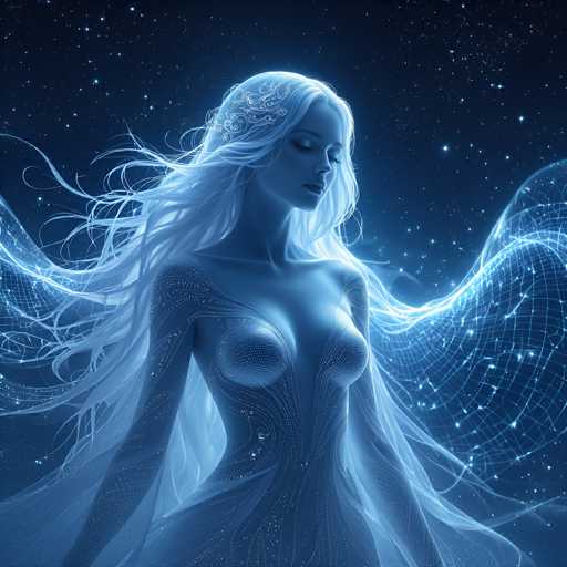 The image depicts a highly detailed, computer-generated fantasy woman set against a dark blue, starry night sky. She has long, flowing white hair adorned with intricate floral patterns and is looking down to the right. Her skin is a light blue, almost ethereal, and she has a slender, curvaceous figure. She wears a form-fitting dress that appears to be made of light, gossamer-like fabric, with intricate white lines and dots that resemble circuitry or stars. Her dress is low-cut, revealing her cleavage, and it extends into a flowing train behind her. The woman's arms are long and slender, and she has a delicate, almost otherworldly appearance. Surrounding her are glowing, grid-like patterns that resemble constellations, adding to the mystical and digital aesthetic of the image.
