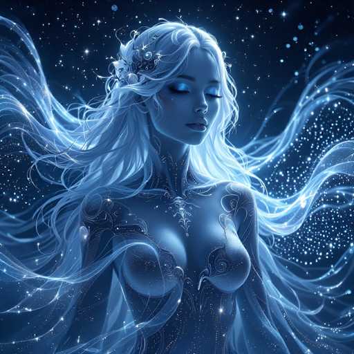 The image depicts a highly detailed, computer-generated fantasy character of a woman with long, flowing white hair that cascades down to her waist. Her hair is adorned with intricate swirls and patterns, giving it an ethereal quality. The woman's eyes are closed, and she has a serene expression, with her head slightly tilted to the right. She is wearing blue eyeshadow that matches the overall blue and white color scheme of the image. Her skin is a pale blue, and she has a delicate, almost otherworldly appearance. The background is a deep blue, resembling a starry night sky, with numerous white dots that resemble stars scattered throughout. The woman's body is partially visible, with her chest area highlighted by a light blue hue. She appears to be wearing a dress or top that blends seamlessly with the starry background, enhancing the magical and dreamlike atmosphere of the scene.