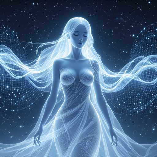 The image depicts a highly detailed, computer-generated, ethereal woman with long, flowing white hair that cascades down to her waist. Her eyes are closed, and she has a serene, almost meditative expression on her face. She is dressed in a form-fitting, white gown that appears to be made of a sheer, gossamer-like material, giving it a delicate and flowing appearance. The gown is adorned with intricate swirls and patterns, particularly noticeable on the chest area, which features a floral design. Her arms are extended downward, with her fingers slightly curled. Surrounding her are swirling patterns of light blue and white, reminiscent of sound waves or energy fields, adding to the mystical aura. The background is a deep blue, dotted with numerous stars, enhancing the celestial and otherworldly atmosphere of the scene.