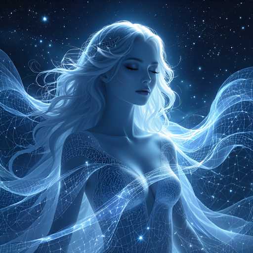 The image depicts a highly detailed, computer-generated graphic of a woman with long, flowing white hair that appears to be blowing in the wind. She is positioned centrally, facing slightly to the right, with her eyes closed and her head tilted down, giving her a serene expression. Her skin is a light blue, almost ethereal, and she has a faint pinkish hue on her lips. She is adorned in a form-fitting, sleeveless dress that extends from her neck down to her waist, with intricate white lines and dots that resemble a spiderweb pattern. Surrounding her are luminous, light blue waves that emanate from her body, adding to the mystical aura. The background is a deep, dark blue night sky filled with numerous stars, enhancing the celestial and otherworldly feel of the scene. The overall color palette includes shades of blue, white, black, and hints of pink, contributing to the dreamlike quality of the image.