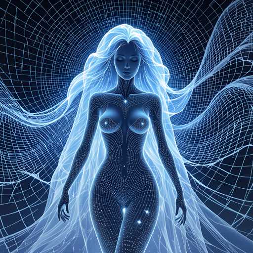 The image depicts a woman with long blonde hair and blue eyes standing in the center of a black background. The woman is wearing a dress that appears to be made up of lines and dots, giving it an ethereal quality. The woman's position and the intricate design on her dress suggest she might be in a dreamlike or surreal setting.