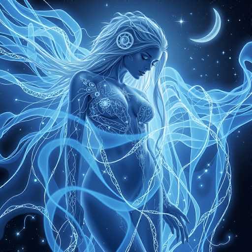 The image depicts a striking, computer-generated, ethereal woman set against a dark blue night sky filled with stars and a crescent moon. The woman, who appears to be nude, is adorned with intricate, glowing blue and white patterns that resemble a mix of floral designs, stars, and possibly even DNA strands. Her long, flowing hair cascades around her, blending seamlessly with the starry background and creating a mesmerizing effect. She has a serene expression, with her eyes closed and her head slightly tilted downward, as if she is deep in thought or meditating. The overall color palette of the image is dominated by shades of blue, white, and black, enhancing the mystical and otherworldly atmosphere of the scene.