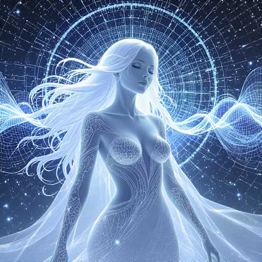 The image depicts a highly detailed, computer-generated graphic of a woman with long, flowing white hair that appears to be blowing in the wind. She has a serene expression with her eyes closed, and her skin has a light blue hue. The woman is adorned in a sheer, white dress that reveals her arms and chest, which are intricately covered in white tattoos resembling vines or flowers. The background is a deep, dark blue, reminiscent of a starry night sky, filled with numerous white dots symbolizing stars. Behind the woman, there is a complex, circular design composed of various lines and shapes, including a prominent blue circle with a white outline and a smaller circle within it. Additionally, there are wavy, light blue lines that resemble sound waves or energy emanating from her. The overall composition gives the impression of a mystical or ethereal being, possibly an angel or a goddess, set against a cosmic backdrop.