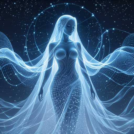 The image depicts a highly detailed, computer-generated graphic of a woman with a futuristic, ethereal appearance. She stands against a dark blue, starry background, reminiscent of outer space. The woman has long, flowing hair that cascades down to her feet, resembling a veil. Her skin is a light blue, and she has a slender, curvaceous figure. She is adorned in a form-fitting dress that accentuates her chest and hips, with a grid-like pattern of interconnected dots and lines. The dress appears to be made of a sheer, gauzy material that flows gracefully around her. Behind her, there are intricate circular designs and star-like patterns, adding to the celestial theme. The overall color palette of the image is dominated by shades of blue, white, and black, enhancing the otherworldly and futuristic aesthetic.