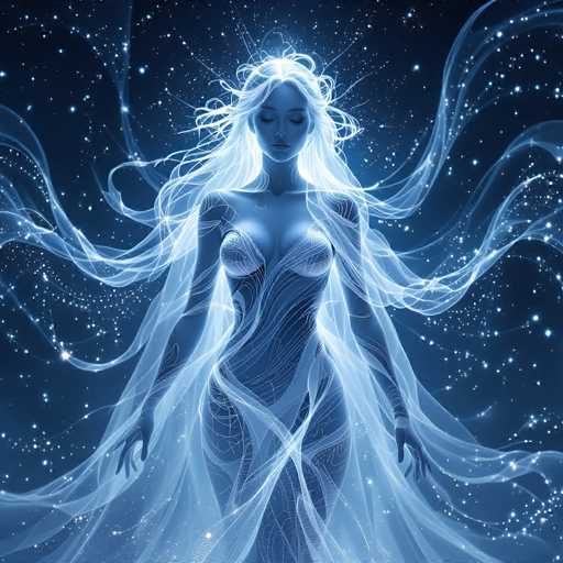 The image depicts a computer-generated, ethereal woman with long, flowing white hair that appears to be made of light, extending in all directions. She stands against a dark blue, starry background, giving the impression of being in outer space. Her skin is a light blue, and she has a slender, curvaceous figure. She wears a sheer, white dress that resembles a gown or possibly a bra, with intricate swirls and lines that give it a flowing, almost gossamer-like quality. Her eyes are closed, and her head is tilted slightly downward, with her arms hanging straight down by her sides. The overall effect is one of serene beauty and otherworldly grace.