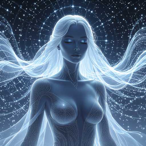 The image depicts a woman with long blonde hair and blue eyes gazing upwards towards the sky. The background is filled with stars and lines of varying sizes, creating an ethereal atmosphere.