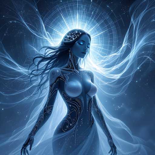 The image depicts a highly detailed, computer-generated, futuristic female figure set against a dark blue, starry background. The woman, who appears to be a cyborg or alien, has long, flowing black hair adorned with a flower-like crown. Her eyes are closed, and her skin is a dark blue hue, illuminated by a radiant white light emanating from behind her head. She has a slim, curvaceous body with intricate, glowing white lines running down her arms, chest, and neck, resembling circuitry or veins. Her chest is covered by two circular, silver breastplates, and she wears a sheer, white skirt that extends to her feet. The overall scene is bathed in shades of blue, white, and black, creating a mystical and ethereal atmosphere.