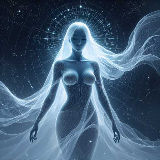 The image depicts a computer-generated, ethereal woman with long, flowing white hair that cascades down to her waist. Her skin is a light blue, almost translucent, adorned with intricate swirls and lines that resemble tattoos. She stands with her eyes closed, her head slightly tilted downward, and her arms hanging straight down by her sides. She wears a sheer, flowing gown that extends from her waist to the bottom of the image, blending seamlessly with the background. The backdrop is a dark blue night sky filled with stars, and behind her head, there's a radiant halo of light with concentric circles and lines, giving the impression of a celestial aura. The overall scene is serene and mystical, with the woman appearing almost ghostly and otherworldly.