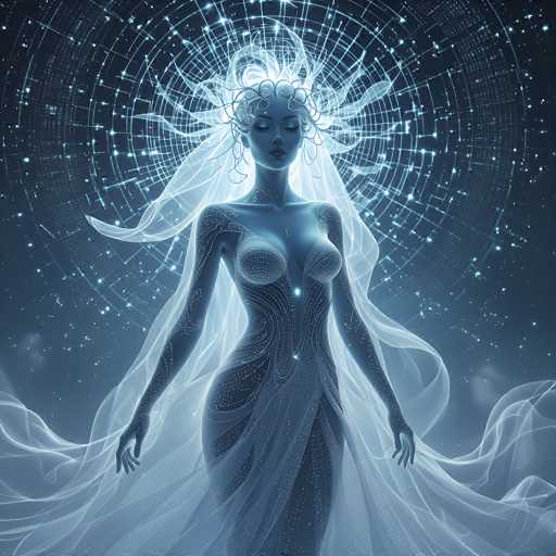 The image depicts a highly detailed, computer-generated graphic of a woman with a futuristic, ethereal appearance. She stands centrally against a dark blue background adorned with white stars, creating a cosmic atmosphere. The woman's skin is a striking bluish-gray, and she has short, curly hair that appears to be made of light. Her eyes are closed, and her head is tilted slightly downward, giving her a serene expression.

Her attire is a form-fitting, sleeveless dress that accentuates her curvaceous figure. The dress is adorned with intricate patterns of dots and lines, and it features a low neckline that reveals her cleavage. A glowing blue light emanates from her belly button, adding to her otherworldly aura. She wears a long, flowing veil that extends from her head down to her feet, billowing gracefully in the wind.

Behind her head, a radiant halo of light forms a spiderweb-like pattern, further enhancing the mystical and futuristic feel of the image. The overall color palette consists of shades of blue, gray, white, and black, contributing to the image's ethereal and advanced aesthetic.