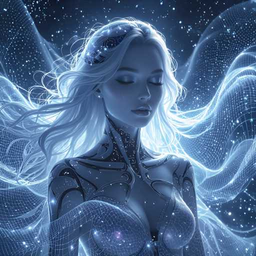 The image depicts a highly detailed, computer-generated, futuristic female robot with a distinctly human-like appearance. She has long, flowing white hair that cascades down her back, and her eyes are closed, giving her a serene expression. Her skin is a light blue color, and her face features a small nose, full lips, and a delicate chin. The robot's neck is adorned with a black band that resembles a choker, and her body is covered in intricate black lines that form a grid-like pattern, giving her a metallic, robotic texture. Her chest is accentuated by a low-cut neckline, and her arms are positioned in front of her. The background is a deep blue, resembling a starry night sky, with swirling white lines and dots that enhance the ethereal, otherworldly atmosphere of the scene.