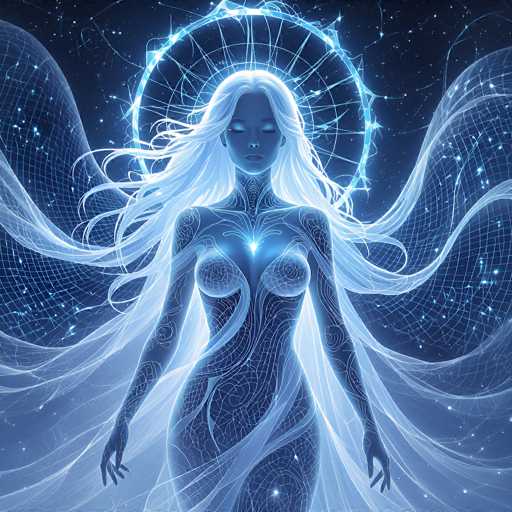 The image depicts a highly detailed, computer-generated graphic of a female alien with long, flowing white hair and closed eyes. She has a slender, curvaceous body adorned with intricate, light blue patterns that resemble circuitry or webbing, giving her a futuristic, almost robotic appearance. Her skin is a dark blue, and she has a glowing white light emanating from her chest. She is wearing a form-fitting dress that accentuates her figure, and her arms are extended down to her sides. Surrounding her head is a large, radiant halo that resembles a spider web, adding to her ethereal presence. The background is a dark blue, starry sky, enhancing the cosmic and otherworldly atmosphere of the scene.