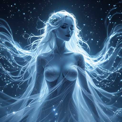 The image depicts a highly detailed, computer-generated fantasy scene featuring a young woman with long, flowing white hair adorned with a flower. She stands against a dark blue, starry night sky, her eyes closed and her head tilted slightly to the right. Her skin has a bluish tint, and she appears topless, with her breasts covered by a sheer, gossamer-like fabric that extends down to her waist. Surrounding her are ethereal, light blue, stringy wisps that resemble wings or magical energy, adding to the mystical atmosphere of the scene. The overall color palette is dominated by shades of blue, white, and black, enhancing the dreamlike quality of the image.