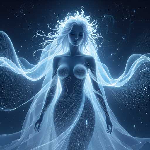 The image depicts a woman with long white hair and blue eyes standing in the center of the frame against a dark background speckled with stars. The woman is wearing a flowing white dress that cascades down to her feet, adding an ethereal quality to the scene. Her gaze is directed downwards, as if she's lost in thought or contemplating something unseen by the viewer.