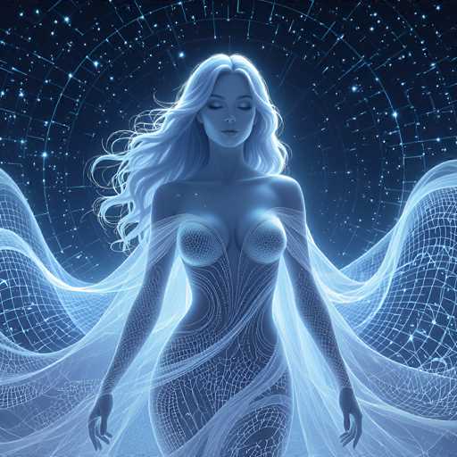 The image depicts a highly detailed, computer-generated, futuristic female figure set against a dark blue, starry background. The woman, who appears to be in her 20s or 30s, has long, flowing white hair that cascades down her back. Her eyes are closed, and her head is tilted slightly downward, giving her a serene expression. She is dressed in a form-fitting, blue outfit adorned with intricate white lines and swirls, resembling a dress or possibly a bodysuit. Her arms are extended outwards, and she wears a sheer, flowing cape that wraps around her body and extends to the sides. The background features a circular pattern of light blue lines, reminiscent of a constellation or a digital grid, adding to the ethereal and otherworldly atmosphere of the scene.