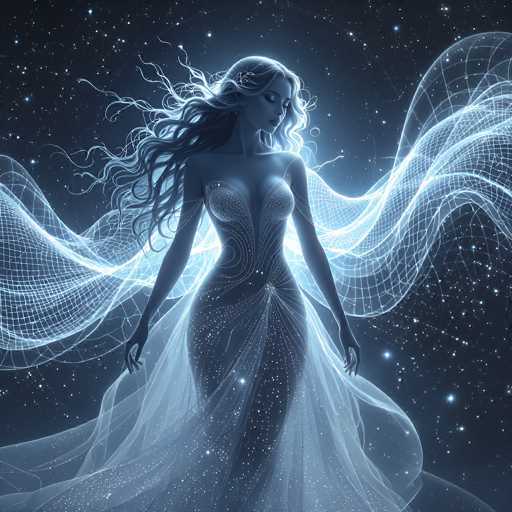 The image depicts a computer-generated, ethereal woman set against a dark blue, starry night sky. She has long, wavy blonde hair that flows behind her, and her eyes are closed, giving her a serene expression. She is adorned in a form-fitting, strapless dress that appears to be made of sheer, gauzy fabric, with a deep V-neckline and a flowing train that extends to the bottom of the image. The dress is adorned with white dots and features a grid-like pattern, adding to its otherworldly appearance. Surrounding her are luminous, wavy lines that resemble light beams or sound waves, creating a dynamic and radiant aura. The woman's arms are positioned at her sides, and her head is slightly tilted to the right, enhancing the dreamlike quality of the scene.