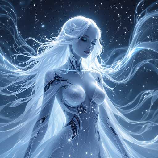 The image depicts a highly detailed, computer-generated, futuristic female character set against a dark blue, starry night sky. The character, who appears to be a cyborg or android, has long, flowing white hair that seems to blend with the ethereal, light blue and white wisps of energy surrounding her. Her skin is a pale blue, and she has striking blue eyes, blue lips, and a blue necklace. She is adorned in a form-fitting, white dress with intricate black and blue patterns, which reveals her shoulders and chest. The dress appears to be made of a material that shimmers with light blue and white hues, adding to the otherworldly aura. Her arms are long and slender, with black and blue mechanical components visible, particularly around her shoulders and chest. The overall composition of the image is square, with the character positioned centrally, exuding a sense of serenity and futuristic elegance.