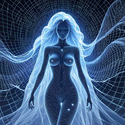 The image depicts a highly detailed, computer-generated, futuristic woman with long, flowing white hair that appears to be made of light. Her skin is a dark blue, almost black, and adorned with intricate patterns of white dots and lines that resemble constellations or circuitry. She stands nude, with her eyes closed and head tilted slightly downward, giving her a serene expression. Her body is highlighted by glowing white dots on her breasts, belly button, and the center of her thighs. The background is a dark blue, almost black, filled with a complex grid of white lines that create a sense of depth and movement, as if the grid is swirling around her. The overall composition blends elements of technology and celestial imagery, creating a striking, otherworldly visual.