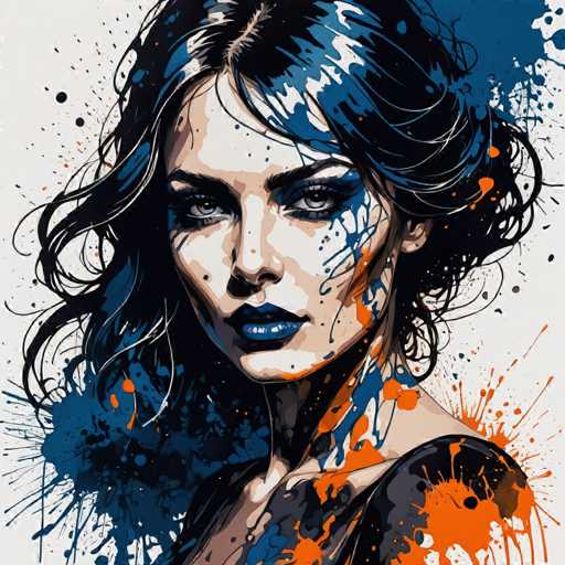 This image is a detailed, artistic painting of a woman with a striking and somewhat melancholic expression. The woman, who has fair skin, is depicted with long, dark hair that features blue and white highlights, and is styled in a way that it flows down to her shoulders. Her eyes are a captivating grayish-blue, and she wears dark blue lipstick that complements her overall somber look. She is dressed in a black top, which is splattered with vibrant blue and orange paint, adding a dynamic and abstract element to the painting. The background is a light gray, and the woman's face is framed by splashes of blue and orange paint that extend from her hair and onto her clothing, creating a sense of movement and depth. Her head is slightly tilted to the left, and she gazes directly at the viewer, her expression conveying a sense of sadness or contemplation. The overall composition is both realistic and abstract, blending detailed facial features with expressive paint splatters to create a powerful and evocative image.