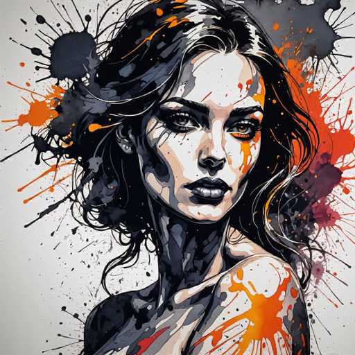 This image is a detailed, artistic painting of a woman with long, wavy black hair that appears to be blowing in the wind. Her face is turned towards the viewer, with her head slightly tilted to the right, and she has a serious expression. The woman's eyes are a striking grayish-brown, and she has full lips painted in a dark gray or black shade. Her skin is a mix of white and gray tones, with splashes of orange paint adding a vibrant contrast. The background is predominantly white, but it features splashes of orange, black, and gray paint, creating a dynamic and textured effect. The woman's left shoulder is visible, and she appears to be wearing a strapless top, though the focus is primarily on her face and upper body. The overall composition is square, with the woman's image centrally positioned, making her the focal point of this visually striking piece.