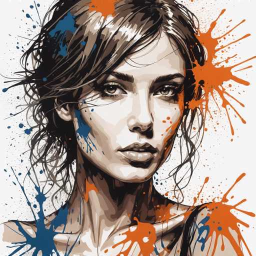 This image is a detailed painting of a woman with a serious expression, her head slightly turned to the right. She has long, wavy brown hair that cascades down to her shoulders, with some strands tucked behind her ear. Her eyes are a striking grayish-brown, framed by long eyelashes and dark eyebrows. She has full lips, slightly parted to reveal her top teeth, and a long, slender neck. The woman is wearing a black tank top, with the straps visible on her shoulders. The background is predominantly white, adorned with vibrant orange and blue paint splatters that add a dynamic and artistic flair to the composition. The painting captures her from the shoulders up, emphasizing her facial features and the interplay of colors around her.