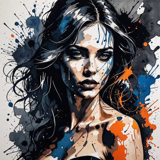 This image is a detailed, abstract painting of a woman with long, dark hair that appears to be blowing in the wind. Her hair is predominantly black with streaks of blue, gray, and white, and it has a shiny, wavy texture. The woman's face is painted in a mix of tan, white, and blue hues, with her eyes being a striking blue. She has full lips and a serious expression, looking directly at the viewer. Her neck and shoulders are visible, and she appears to be wearing a black strapless top. The background is a chaotic blend of gray, blue, and orange paint splatters, creating a dynamic and textured backdrop. The overall composition is square-shaped, with the woman's head positioned at the top and her body extending down to the bottom of the image.