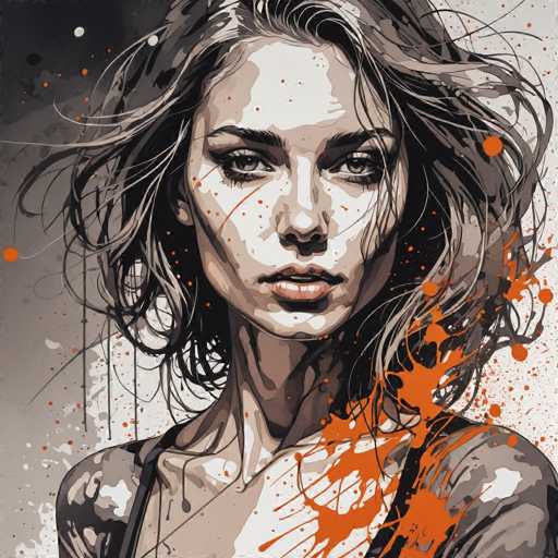 This image is a detailed, computer-generated illustration of a young woman, likely in her early 20s, with a striking and somewhat eerie appearance. The artwork is predominantly in black and white, with splashes of vibrant orange paint adding dramatic contrast. The woman has a very angular face, with sharp cheekbones, a prominent nose, and full lips. Her eyes are light gray, framed by thick black eyebrows and long eyelashes, giving her a somewhat intense gaze. Her hair is wavy and shoulder-length, with shades of gray and black, appearing to be blown by the wind. She is wearing a gray dress with thin straps over her shoulders, and her bare arms are visible. The background is a gradient of gray, darker at the top and lighter at the bottom, with orange paint splatters that add a dynamic element to the composition. The overall effect is a hauntingly beautiful and modern portrait.