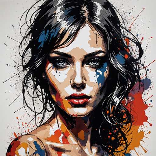 This image is a detailed painting of a woman's face and upper body, set against a gray background. The woman has long, wavy black hair with blue highlights, cascading down to her shoulders. Her striking blue eyes are framed by long black eyelashes and thin black eyebrows. She has a pale complexion with a white forehead, and her face is adorned with splashes of various colors, including blue, orange, red, and yellow, particularly around her cheeks and neck. Her lips are painted a vivid red, adding a pop of color to her serene expression. The woman is looking directly at the viewer, creating a sense of connection. She appears to be wearing a strapless top, as her bare shoulders are visible. The overall composition is vibrant and dynamic, with the colorful splashes adding a modern and artistic flair to the portrait.