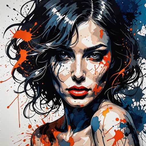 This image is a detailed, computer-generated painting of a woman with short, wavy black hair that has subtle blue highlights. Her hair is styled in a way that it frames her face, with bangs that swoop to the left. She has striking blue eyes and dark eyebrows, and her lips are painted a vivid red. The woman's face is adorned with orange and blue paint splatters, adding a dynamic and artistic touch. She is looking slightly to the left, with her head turned in that direction, while her body faces forward. Her bare shoulders are also splattered with orange and blue paint, and her neck is painted blue. The background is predominantly white, with splashes of blue and orange paint, creating a vibrant and contrasting backdrop. The overall composition is square, with the woman's head centered and her body extending down to her chest, where the image cuts off.