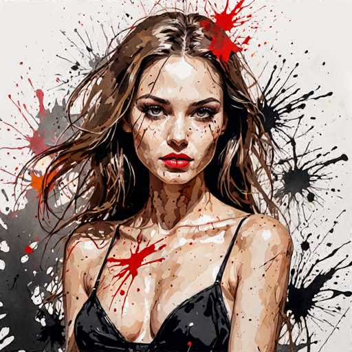 This image is a detailed painting of a young woman, likely in her early 20s, with long, wavy brown hair that appears to be blowing in the wind. She has striking blue eyes and is wearing red lipstick. Her attire consists of a black spaghetti strap top, which reveals a significant amount of cleavage. The background is predominantly white, adorned with dynamic splashes of black and red paint, creating a sense of movement and energy. Notably, there is a large red paint splatter on her chest, just below her neck, and smaller red splatters on her face, adding to the dramatic effect. The woman's expression is serious, and she gazes directly at the viewer, creating a powerful and captivating presence.