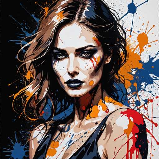 This image is a detailed painting of a woman with long, wavy brown hair that has hints of black and white. Her hair is parted in the middle, and she has a serious expression on her face, with her eyes looking slightly to the left. She is wearing a black tank top, and her lips are painted black. The woman's face and body are adorned with splashes of vibrant colors, including orange, red, and blue, which create a dynamic and artistic effect. These splashes are particularly prominent on her left shoulder, neck, and face, giving the impression of paint being thrown at her. The background is divided into two sections: the left side is black, while the right side is white, both splattered with the same colorful hues. The overall composition is square-shaped, and the woman's head is positioned at the top of the image, with her body extending downwards.
