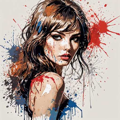 This image is a detailed painting of a woman with long, wavy brown hair that cascades down her back. She has striking green eyes and is adorned with red lipstick. The woman is positioned with her body facing to the right, but her head is turned back over her shoulder, gazing directly at the viewer. She is wearing a black top, though it is partially obscured by paint splatters. The background is a light gray, and the painting is accentuated with vibrant paint splatters in red, blue, and white, particularly around her head and shoulders. The overall effect is a dynamic and expressive portrayal that captures the viewer's attention with its vivid details and bold use of color.