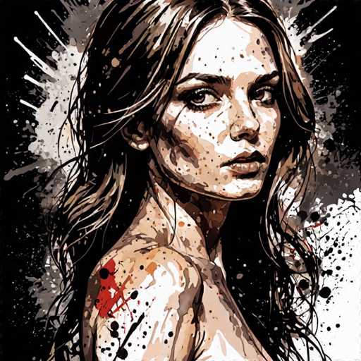 This image is a detailed painting of a woman with long, wavy brown hair that cascades down her back. She is depicted from the shoulders up, with her body facing to the right and her head turned to look directly at the viewer. Her face is adorned with numerous freckles, and she has brown eyes and a slightly open mouth, giving her a contemplative expression. The woman's skin is rendered in a mix of white, brown, and tan hues, with splashes of red paint on her shoulder and neck, adding a dramatic touch. The background is predominantly black, featuring a white, sunburst-like shape behind her head, which contrasts sharply with the dark backdrop. The painting style is somewhat abstract, with splashes and splotches of paint scattered throughout the image, enhancing its artistic and emotional depth.