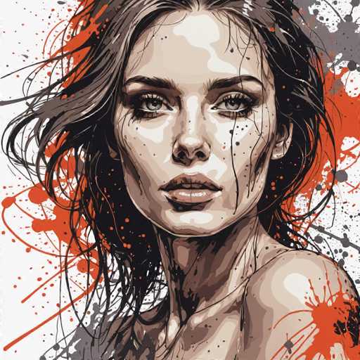 This image is a detailed, artistic rendering of a woman's face and upper body, created using a combination of watercolor and digital techniques. The woman has long, dark brown hair with lighter highlights, which appears wet and is blowing in the wind, giving it a dynamic, flowing look. Her hair is parted in the middle, and she has thick, dark eyebrows that frame her large, expressive gray eyes. Her face is adorned with freckles, particularly noticeable on her cheeks, and she has a full, slightly open mouth that reveals her top teeth. The woman's skin is a light tan, and she is looking directly at the viewer with a serious expression. She is wearing a strapless top, and her bare shoulder is visible on the right side of the image. The background is a white canvas splattered with vibrant orange and gray paint, adding a sense of movement and energy to the composition. The overall effect is a striking, almost surreal portrait that blends realism with artistic abstraction.