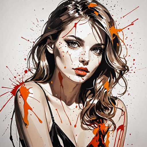 This image is a detailed digital painting of a young woman, likely in her early 20s, with a striking and somewhat melancholic expression. She has long, wavy brown hair that cascades past her shoulders, with a few strands falling over her forehead. Her large, light blue eyes are accentuated by dark, smudged eyeliner, and her lips are painted a vivid red. She is wearing a black, strappy dress that reveals her shoulders and upper chest, with the straps visible on her arms. The background is a light gray, and the painting is adorned with dynamic splashes of red and orange paint, particularly around her face and hair, adding a sense of movement and intensity to the piece. The woman's head is slightly tilted to the right, and she gazes directly at the viewer, creating a powerful and engaging visual impact.