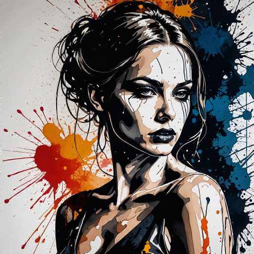 The image is a detailed, artistic painting of a woman with a melancholic expression. She has dark brown hair styled in a bun with some strands framing her face, and she is wearing a black dress. Her face is predominantly white with black accents around her eyes, lips, and the sides of her face, giving her a striking appearance. The woman is looking over her left shoulder, her head slightly tilted, and her eyes are downcast, adding to the somber mood. The background is a light gray, adorned with vibrant paint splatters in shades of orange, red, blue, and black, which create a dynamic contrast against the muted backdrop. The splatters are particularly concentrated on the right side of the image, adding depth and texture to the overall composition.