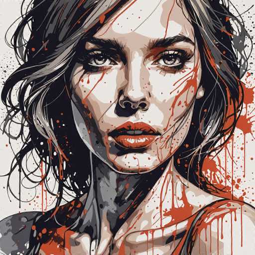This image is a detailed, stylized painting of a woman with short, wavy black hair that has hints of gray. Her face is the central focus, framed by her dark eyebrows and striking gray eyes. She wears bright red lipstick, and her expression is serious, almost stern. The woman is depicted from the shoulders up, with her head turned slightly to the left, while her body faces the right. Her neck is elongated and slender, and her shoulders are bare, suggesting she might be wearing a thin tank top. The background is a light gray, and the painting is adorned with splashes of red paint, which could be interpreted as blood, adding a dramatic and intense element to the artwork. The overall style is reminiscent of a comic book illustration, with bold lines and vivid colors.