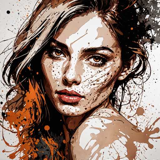 This image is a detailed painting of a young woman, likely in her late teens or early twenties, with long, wavy hair that cascades down to her chest. Her hair is a blend of dark brown and lighter brown, with some strands appearing almost white. She has striking brown eyes and full red lips, and her face is adorned with freckles. The woman is depicted from the shoulders up, with her body turned to the left while her head faces forward, looking directly at the viewer. The background is predominantly white, accented with splashes of orange and brown paint, particularly noticeable in the bottom left corner. The overall style of the painting is somewhat abstract, with paint splatters and drips adding a dynamic, textured effect to the image.