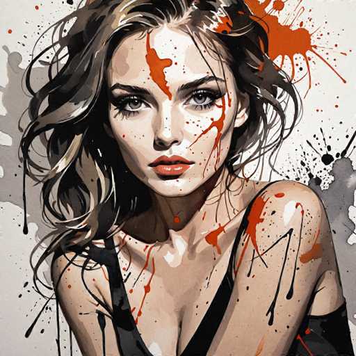 This image is a detailed painting of a young woman, likely in her early 20s, with a serious expression. She has long, wavy hair that is a mix of dark brown and light brown, with some blonde highlights. Her hair is slightly tousled, as if she has just been in the rain. She has striking grayish-blue eyes and full red lips. The woman is wearing a black dress with thin straps that go over her shoulders, and the dress has a deep V-neckline. Her arms are crossed in front of her chest, and she is looking directly at the viewer. The background is a light gray with splashes of orange and black paint, adding a dynamic and somewhat chaotic element to the composition. The overall style of the painting is realistic yet slightly cartoonish, with a focus on the woman's face and upper body.