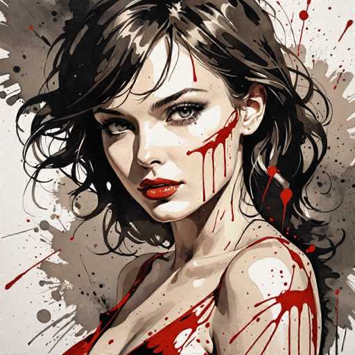 This image is a detailed, cartoon-style painting of a young woman with a striking and somewhat haunting appearance. She has long, wavy black hair that cascades down to her shoulders, with bangs partially covering her forehead. Her eyes are a captivating grayish-blue, and her lips are painted a vivid red. The woman is adorned in a black dress with thin straps, which reveals her bare shoulders and upper chest. Her skin is a light tan, and she has a fair complexion. 

What makes this painting particularly striking is the presence of blood splatters on her face, neck, and right shoulder. The blood appears to be dripping from her forehead and cheek, adding a layer of intensity and mystery to her expression. The background is a chaotic mix of gray and black paint splatters, which further enhances the dramatic and somewhat surreal atmosphere of the image. The woman is looking directly at the viewer, creating a powerful and engaging visual impact.