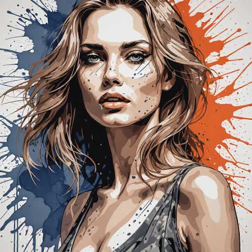 This image is a detailed, artistic rendering of a young woman, likely in her early 20s, with a striking and somewhat surreal appearance. She has long, wavy, dirty blonde hair that cascades down to her shoulders, with a hint of brown. Her blue eyes are accentuated by heavy black eyeliner, and her lips are painted a vivid red. Her face is adorned with numerous black dots, particularly around her nose, mouth, and chin, giving her a distinctive, almost freckled look. She is wearing a gray tank top that reveals a significant amount of cleavage, and her shoulders are bare. The background is a stark white canvas, dramatically splattered with vibrant blue and orange paint, adding to the overall artistic and slightly abstract feel of the image. The woman's expression is neutral, and she gazes directly at the viewer, creating a captivating focal point.