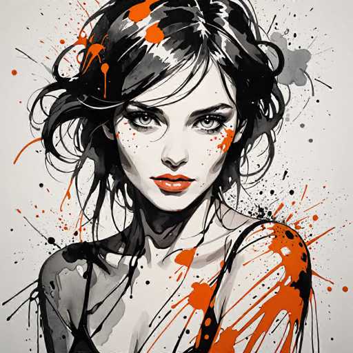 This image is a detailed, black-and-white painting of a woman, accented with splashes of vibrant orange paint. The woman, who has pale skin and strikingly large eyes, is depicted from the chest up. She wears a black dress with thin straps, and her dark, wavy hair cascades around her face, with some strands falling over her forehead. Her lips are painted a vivid orange, standing out against the monochromatic palette. The background is a light gray, and the painting features dynamic orange paint splatters, particularly noticeable on her left shoulder and the right side of her face. The woman's expression is serious, and she gazes directly at the viewer, creating a captivating and intense focal point.