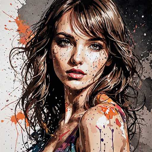 The image depicts a woman with long brown hair and dark eyes looking directly at the camera. The background is black and white, with splatters of orange and red paint scattered throughout.